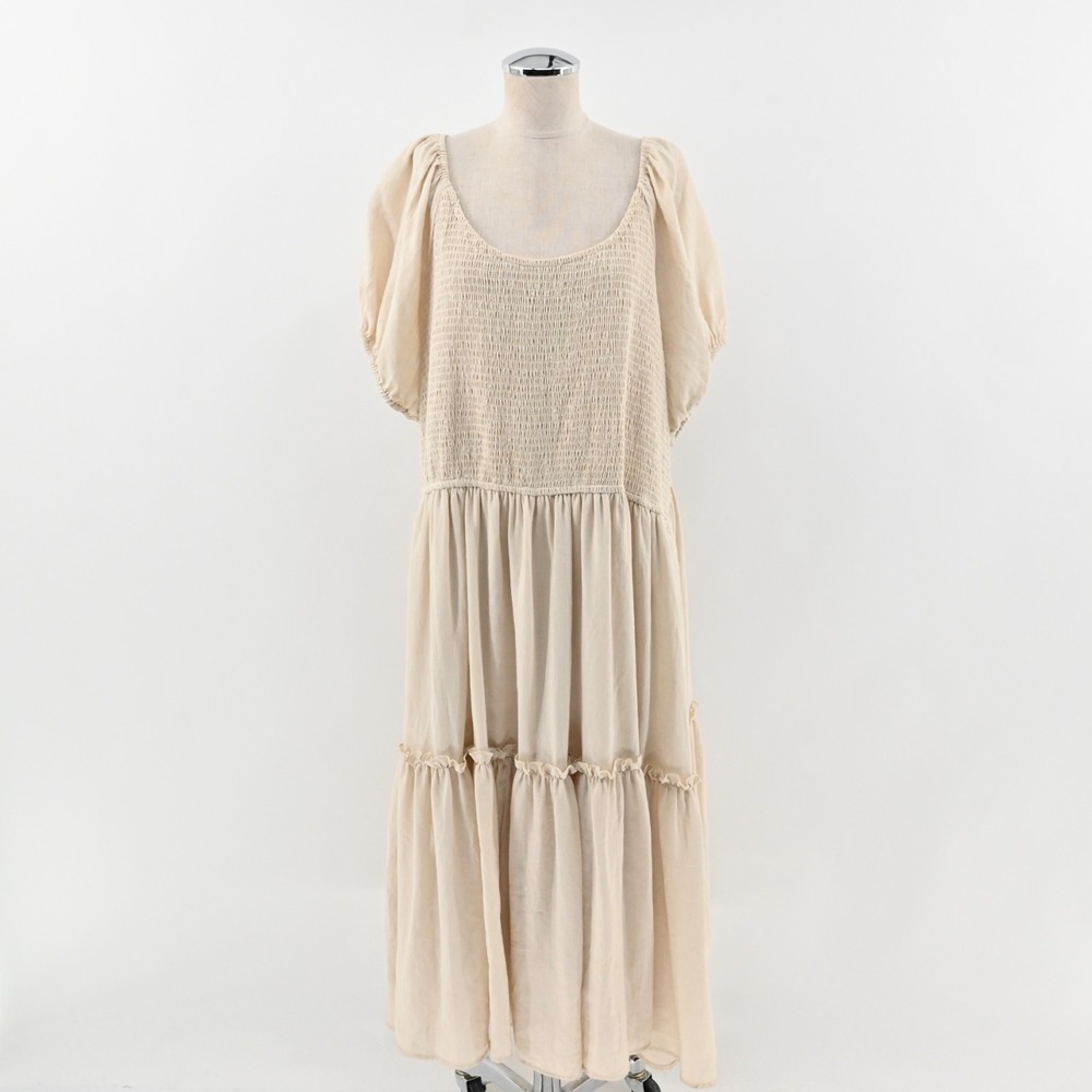 IVY CITY Co Tiered Dress Sz 3X Beige Smocked Scoop Neck Puff Sleeve Stretch Midi